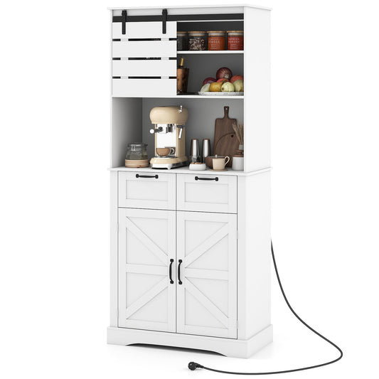 Kitchen Pantry Cabinet with Power Outlet Tall Coffee Bar Cabinet with Doors Drawers and Adjustable Shelf-White