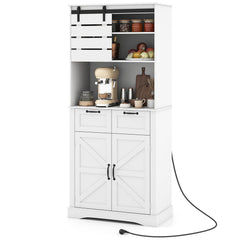 Kitchen Pantry Cabinet with Power Outlet Tall Coffee Bar Cabinet with Doors Drawers and Adjustable Shelf-White