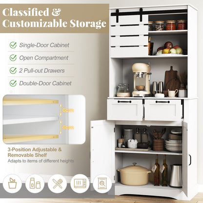 Kitchen Pantry Cabinet with Power Outlet Tall Coffee Bar Cabinet with Doors Drawers and Adjustable Shelf-White