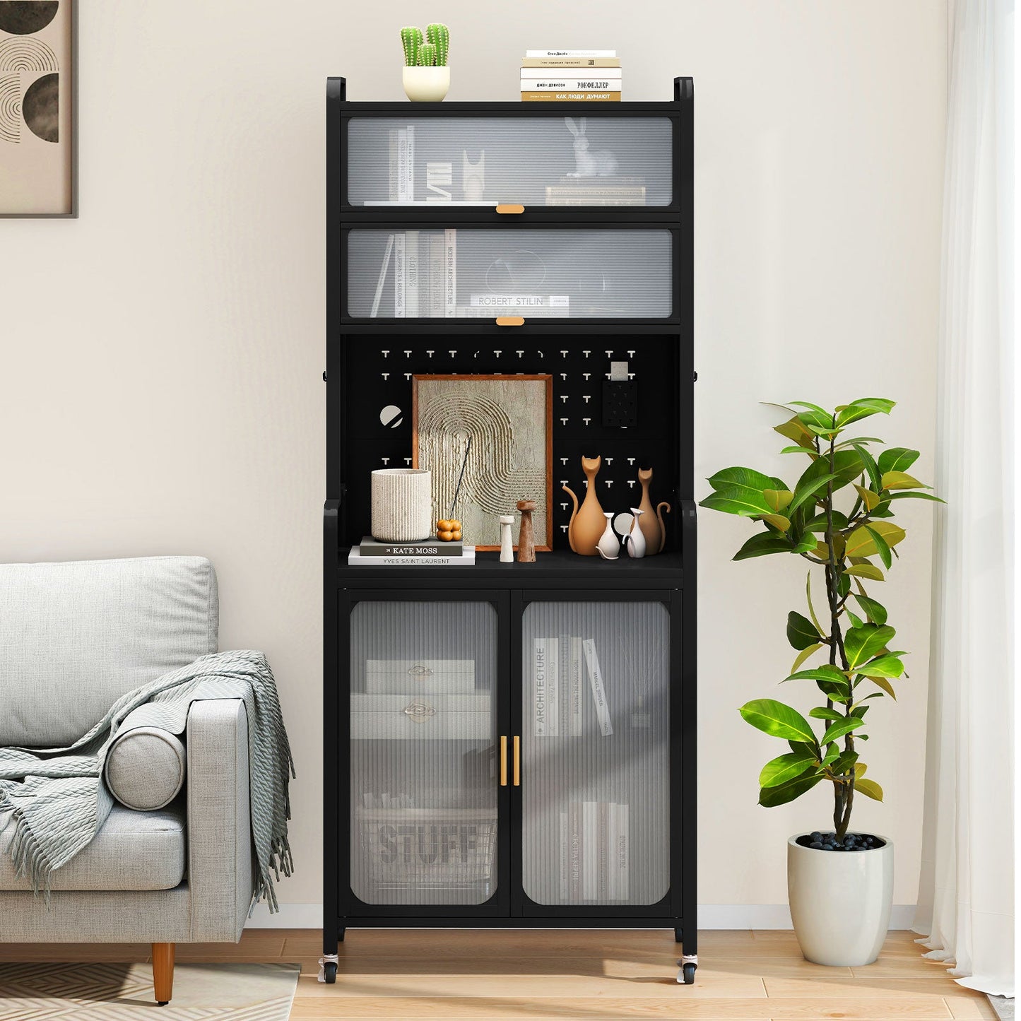Kitchen Pantry Storage Cabinet with Large Countertop-Black