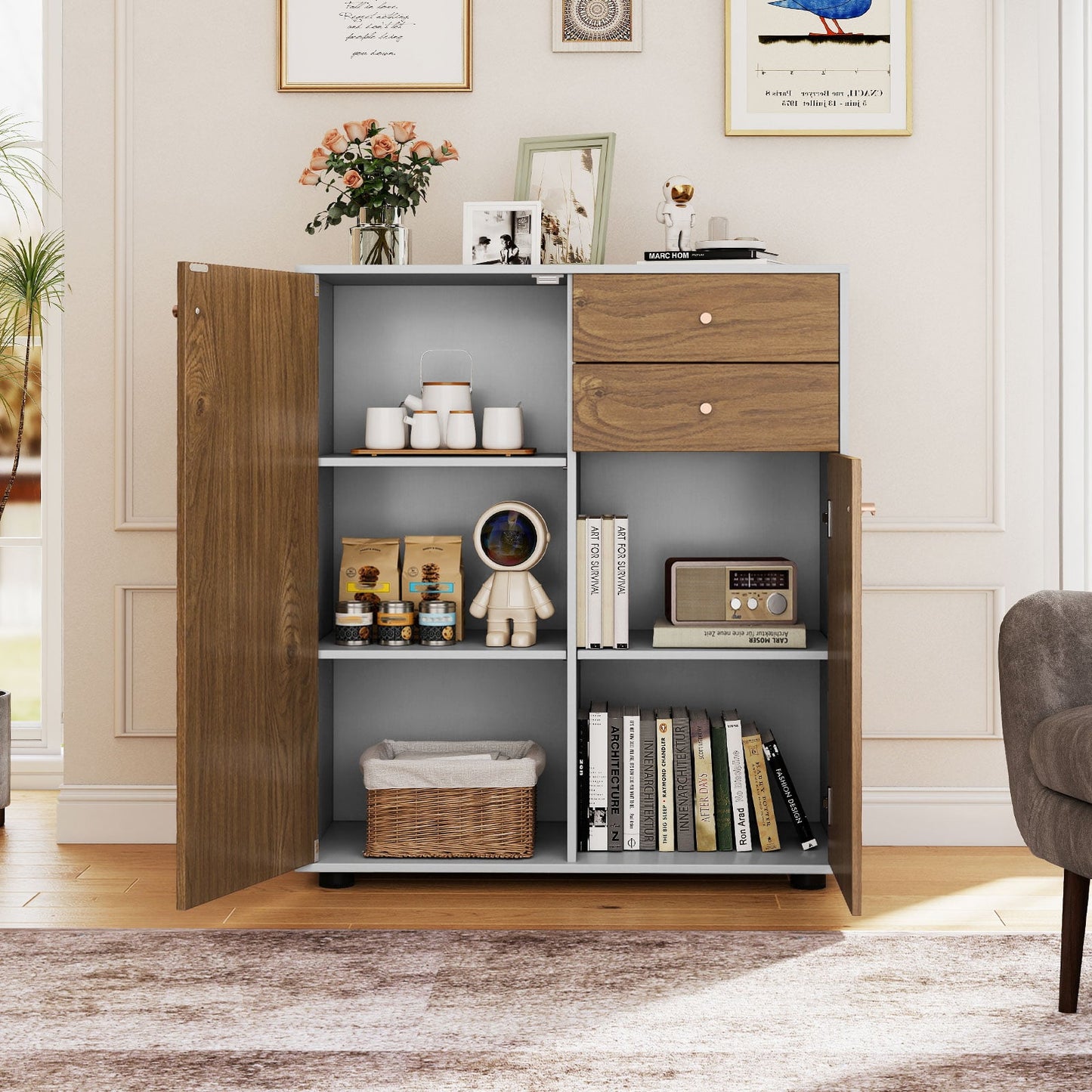 Kitchen Sideboard Buffet Cabinet with 3 Adjustable Shelves-Natural