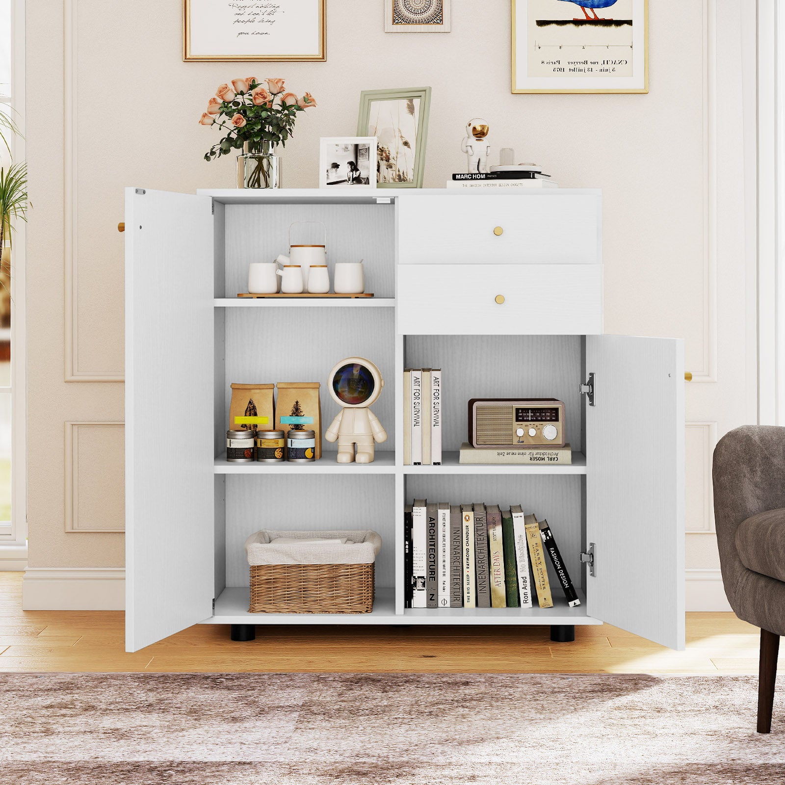 Kitchen Sideboard Buffet Cabinet with 3 Adjustable Shelves-White