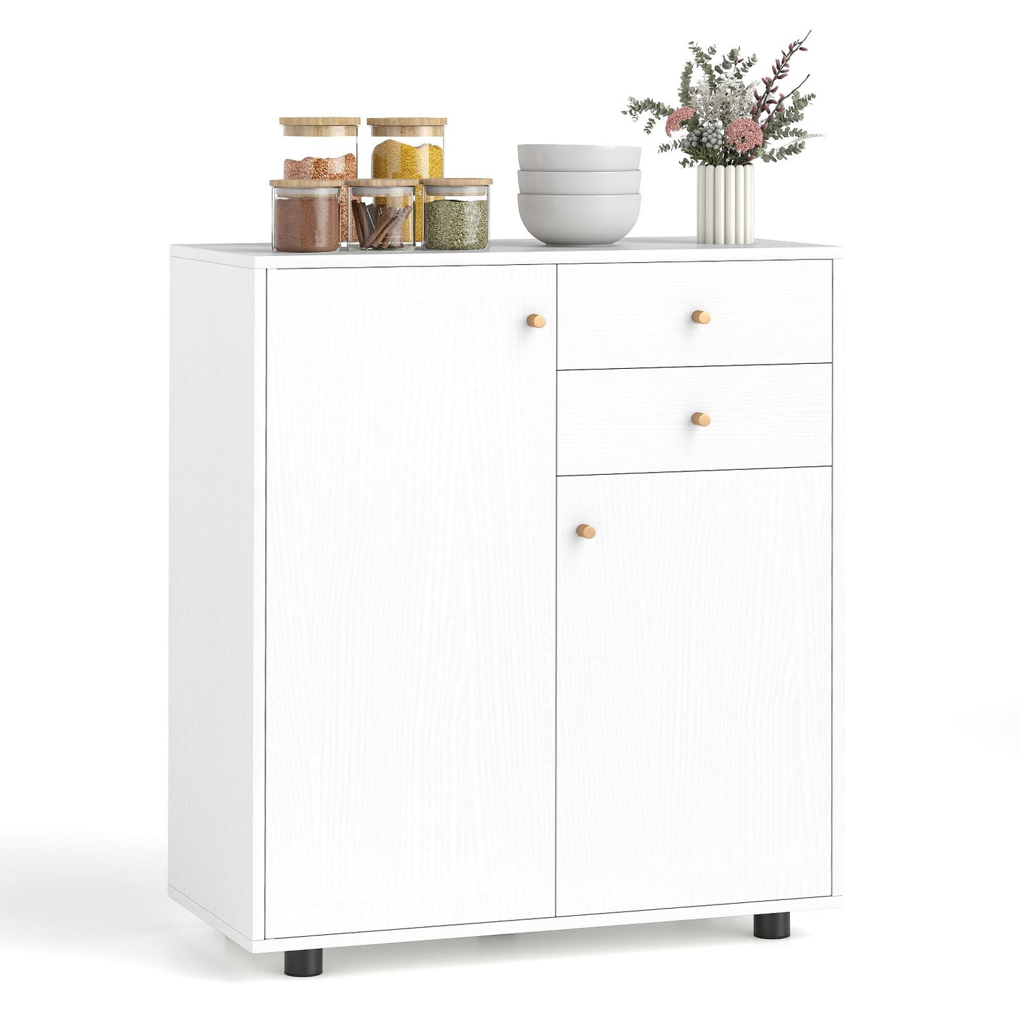 Kitchen Sideboard Buffet Cabinet with 3 Adjustable Shelves-White