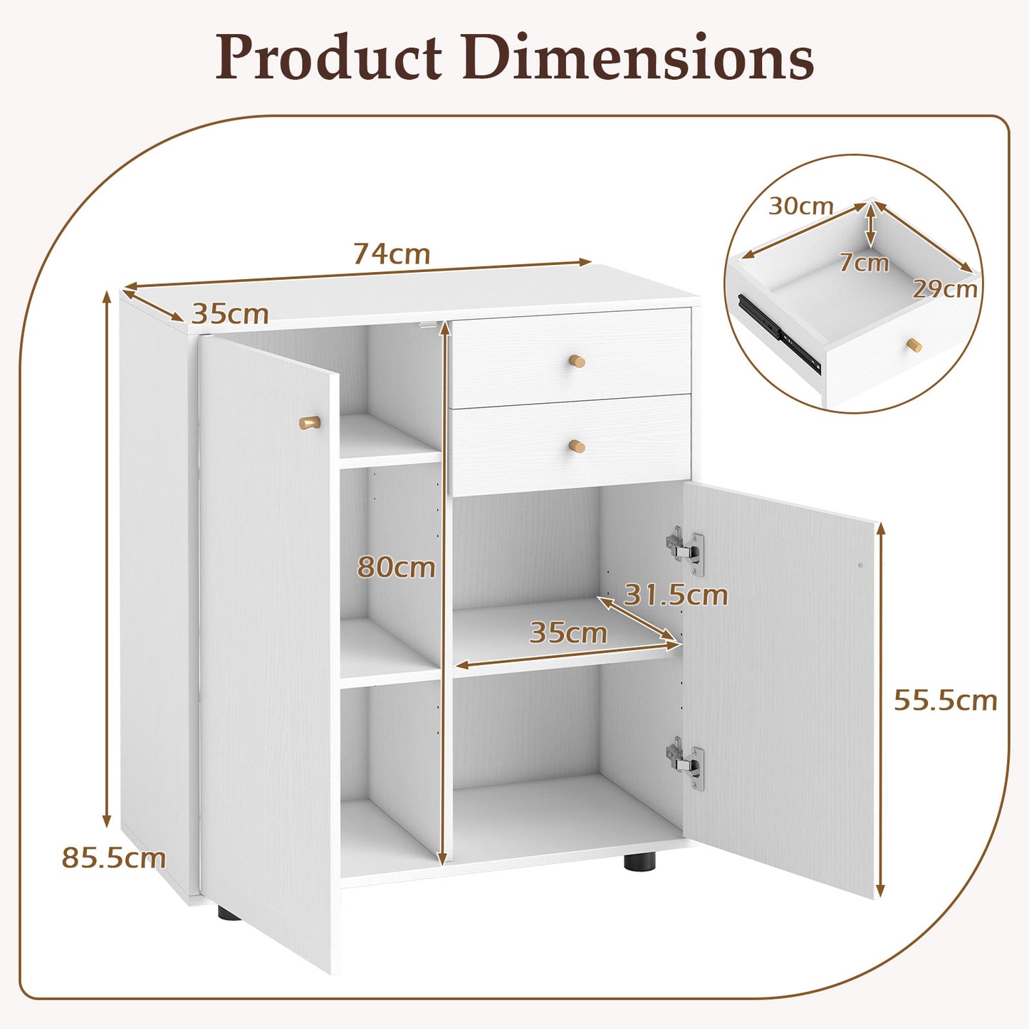 Kitchen Sideboard Buffet Cabinet with 3 Adjustable Shelves-White