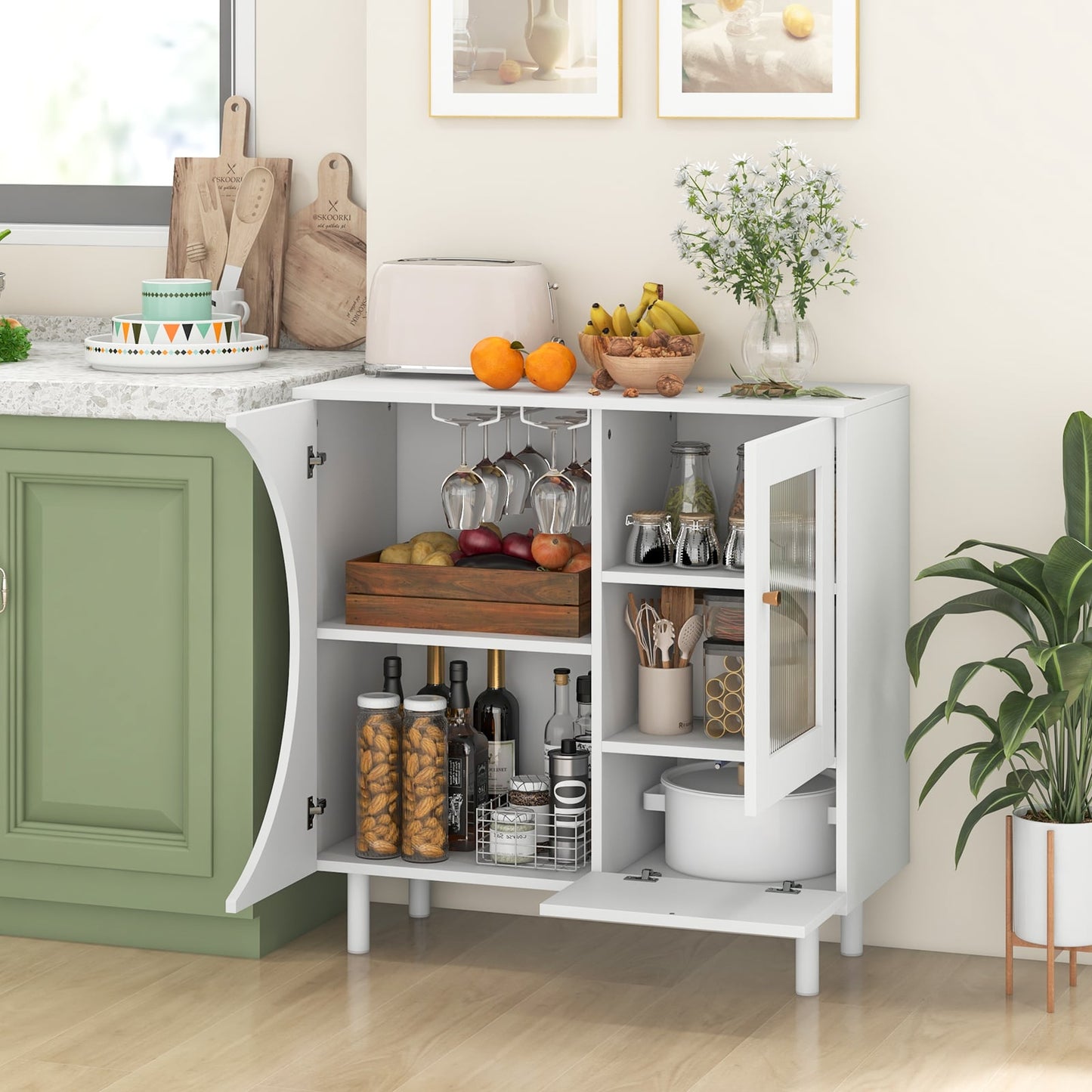Kitchen Sideboard with Glasses Holder-White