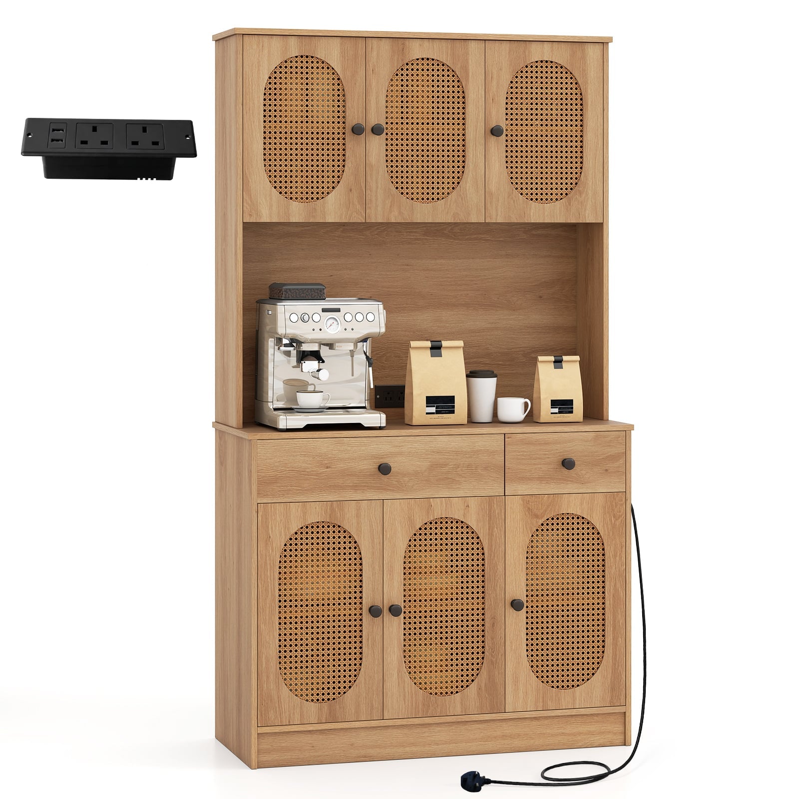 Kitchen Storage Cabinet with Charging Station and 6 Rattan Doors-Natural