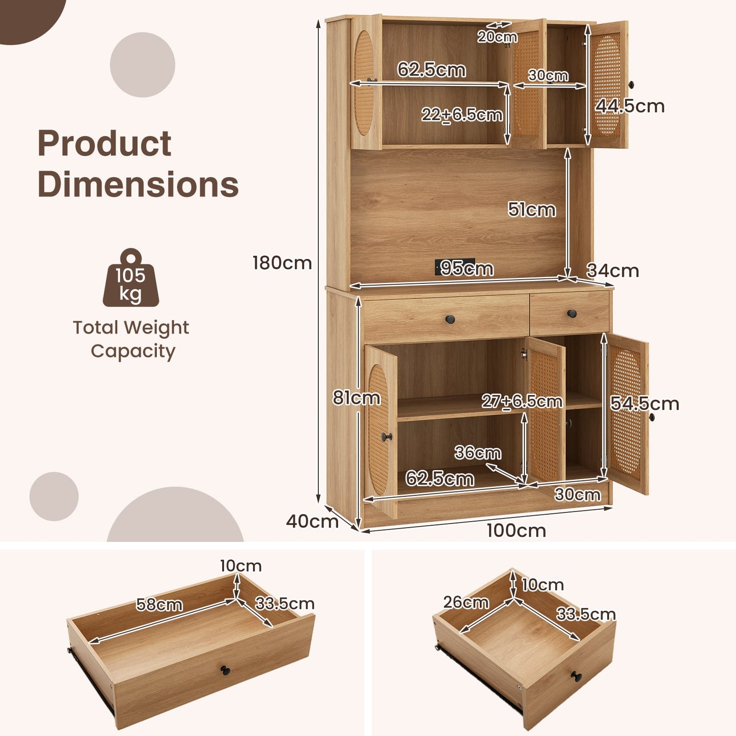 Kitchen Storage Cabinet with Charging Station and 6 Rattan Doors-Natural