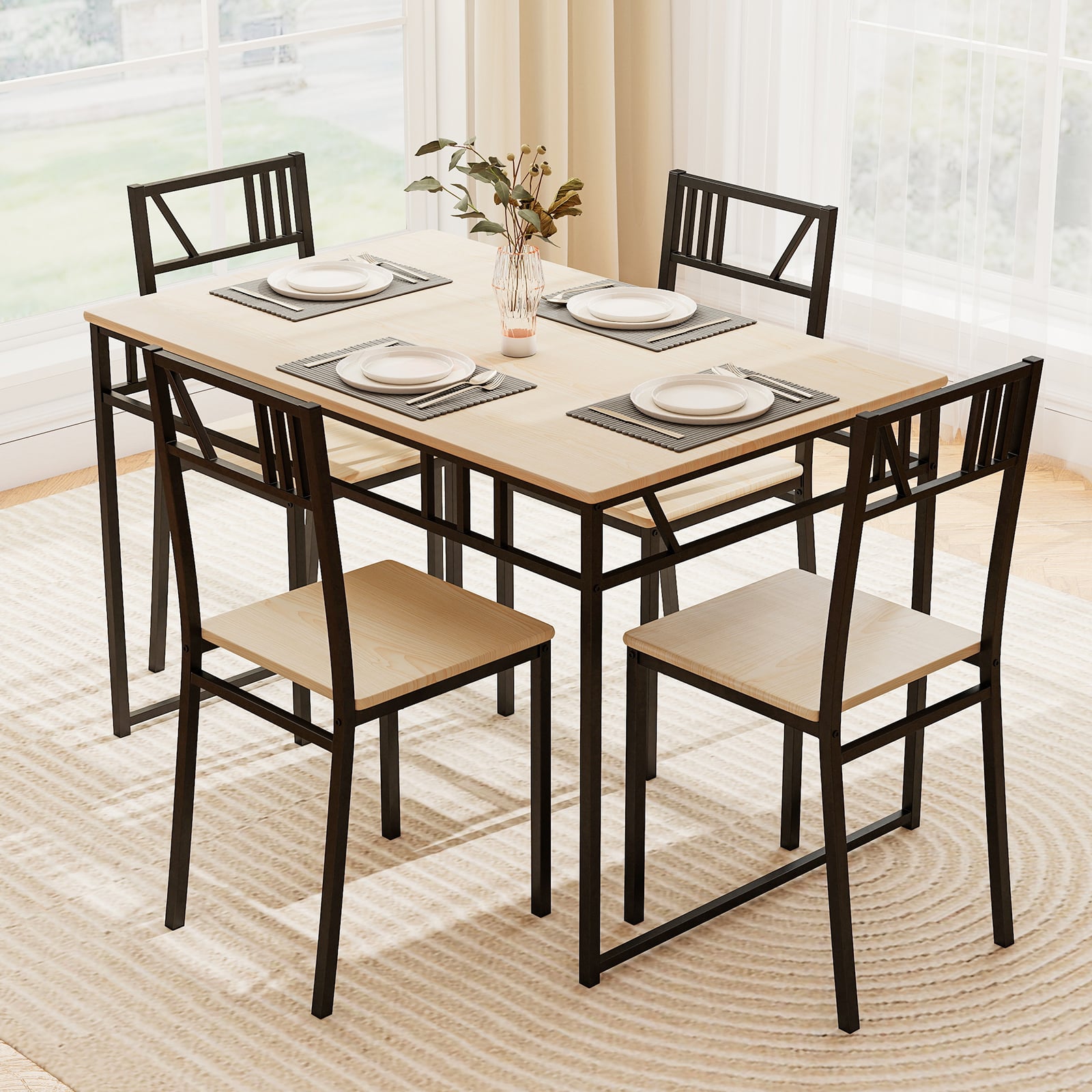 Industrial-Style Kitchen Table and 4 Chairs with Wood Like Tabletop and Metal Frame-Natural