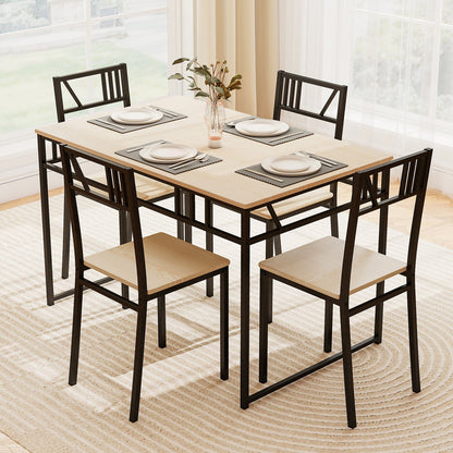 Industrial-Style Kitchen Table and 4 Chairs with Wood Like Tabletop and Metal Frame-Natural