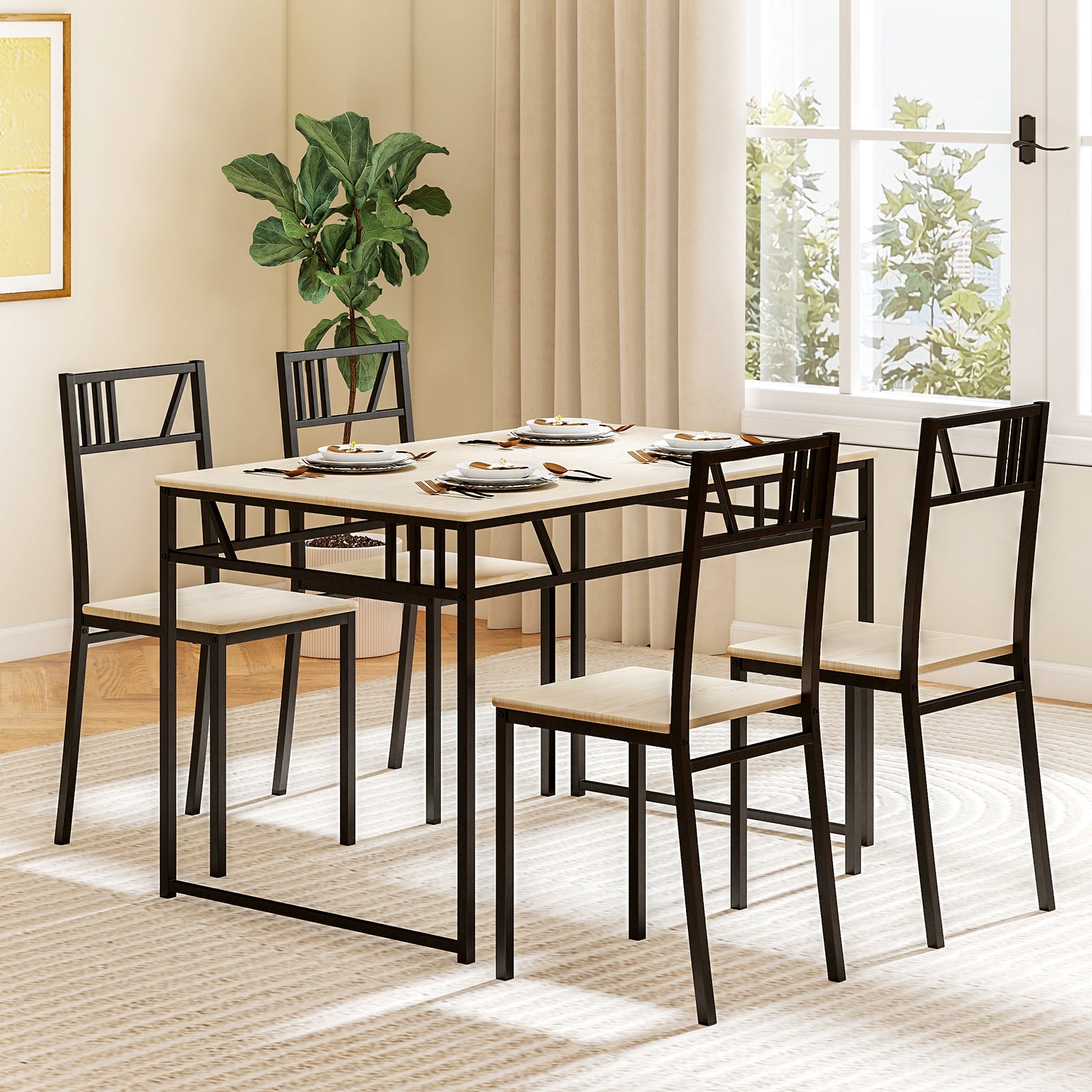 Industrial-Style Kitchen Table and 4 Chairs with Wood Like Tabletop and Metal Frame-Natural