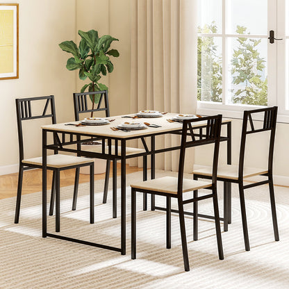 Industrial-Style Kitchen Table and 4 Chairs with Wood Like Tabletop and Metal Frame-Natural