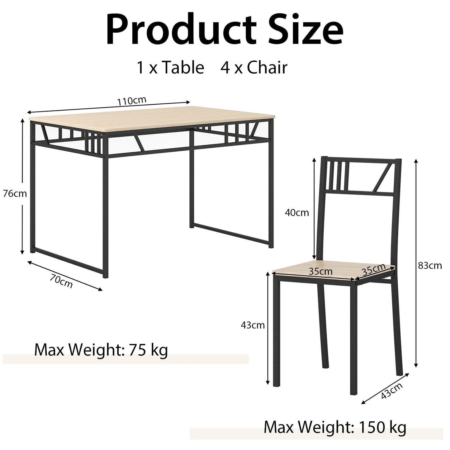 Industrial-Style Kitchen Table and 4 Chairs with Wood Like Tabletop and Metal Frame-Natural