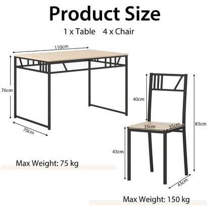 Industrial-Style Kitchen Table and 4 Chairs with Wood Like Tabletop and Metal Frame-Natural