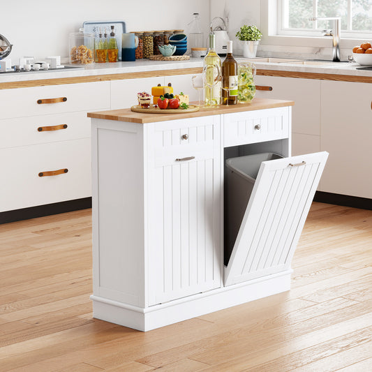 2-Door Kitchen Tilt Out Trash Bin Cabinet with 2 Pull-out Drawers-White