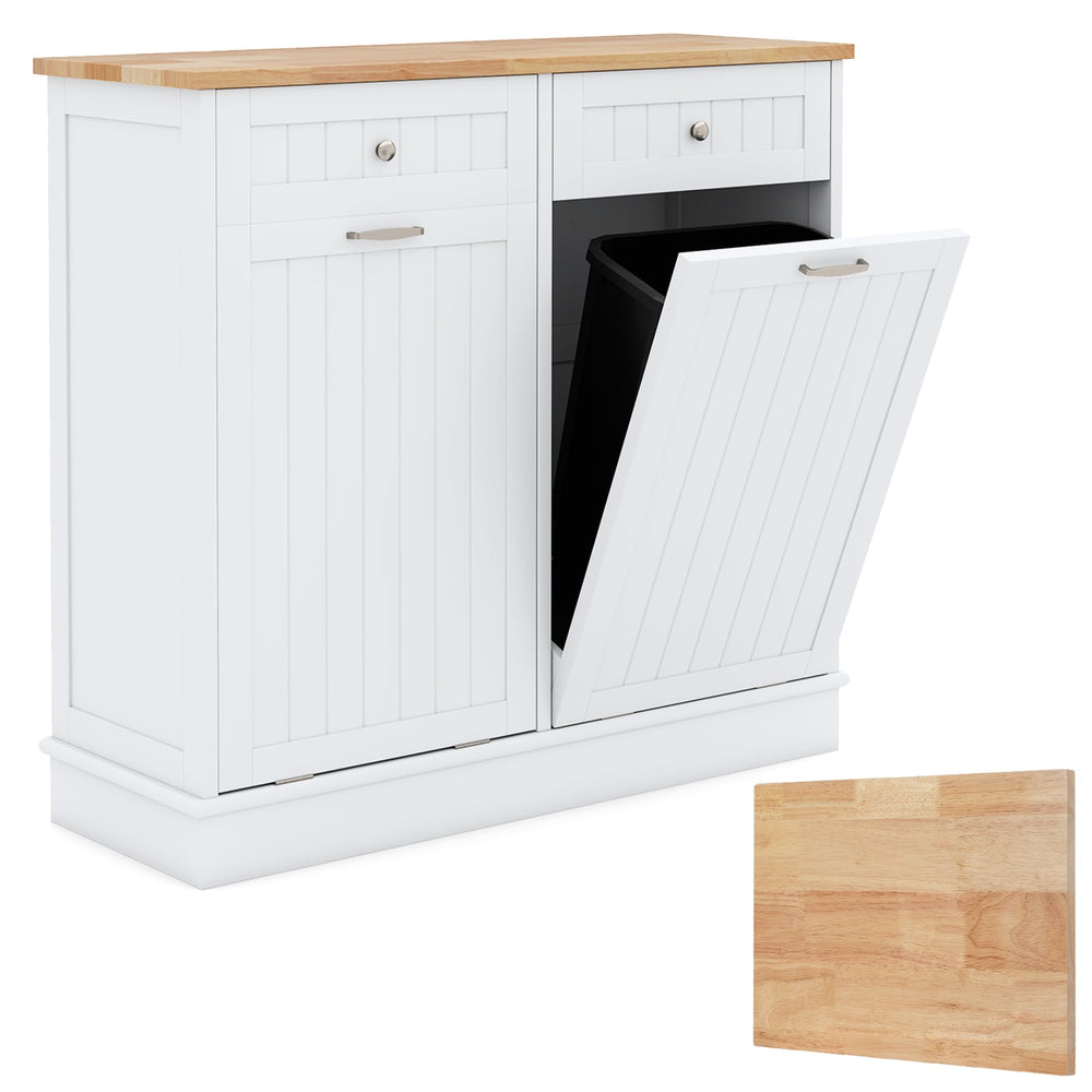 2-Door Kitchen Tilt Out Trash Bin Cabinet with 2 Pull-out Drawers-White