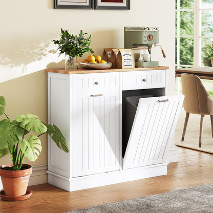 2-Door Kitchen Tilt Out Trash Bin Cabinet with 2 Pull-out Drawers-White