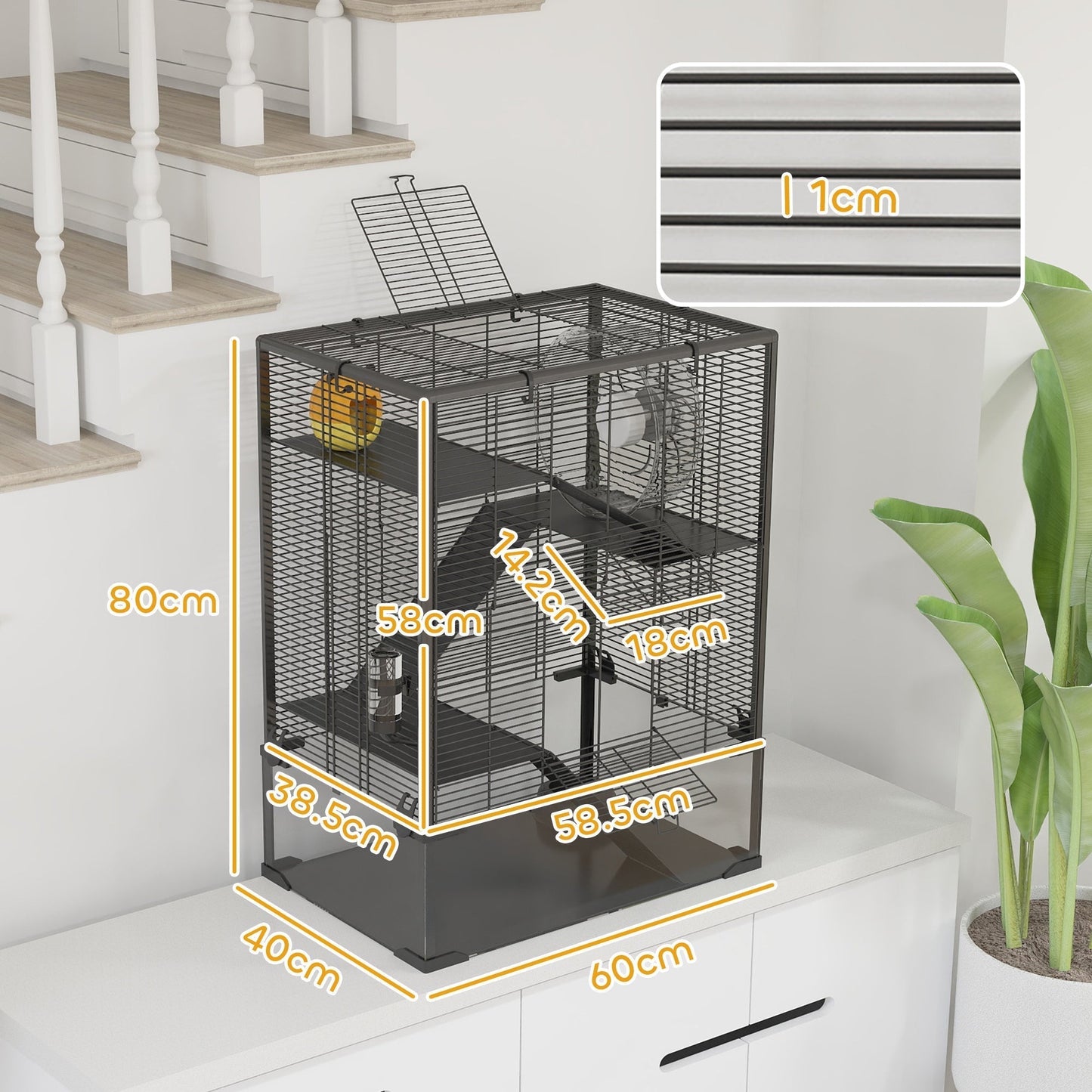 PawHut Four-Tier Hamster Cage with Deep Tempered Glass Bottom, Hut, Running Wheel, Food Dish, Water Bottle, 60 x 40 x 80cm
