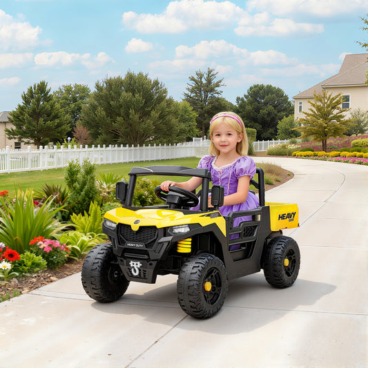 AIYAPLAY Kids Ride on Car, 12V Electric Kids UTV with Electric Dump Bed, 4-Wheel Suspension for 3-8 Years, Yellow