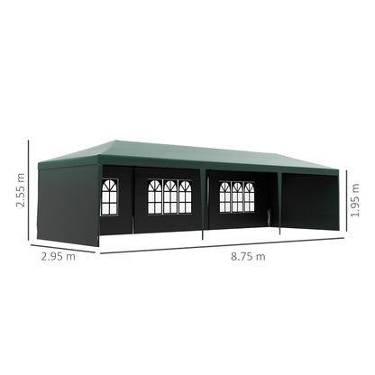 Outsunny 9 x 3 m Party Tent Gazebo Marquee Outdoor Patio Canopy Shelter with Windows and Side Panels Green