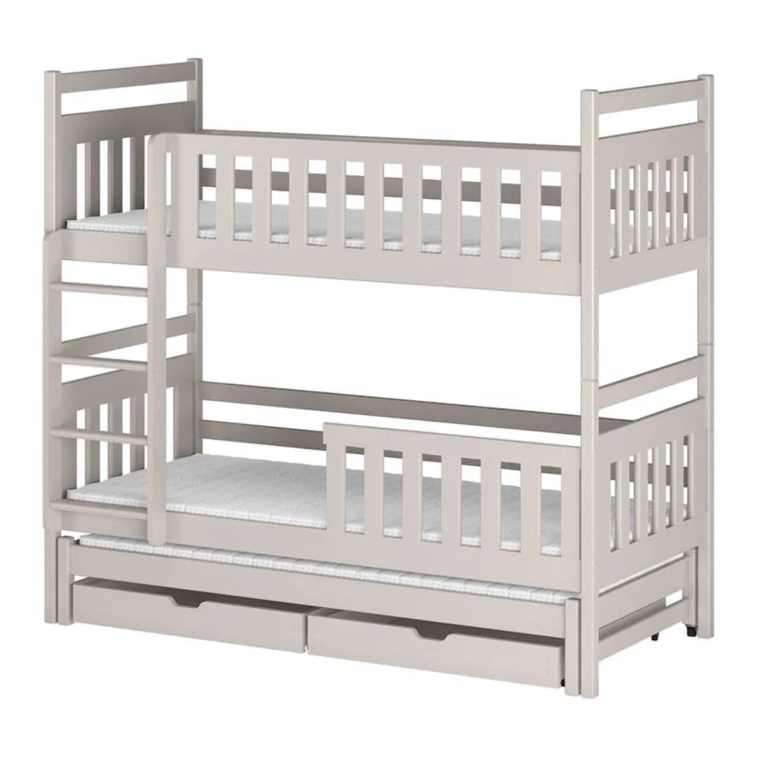 White wooden bunk bed with a single bed on top and a drawer below on a white background