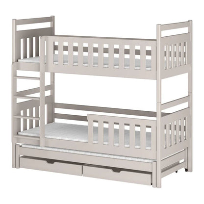 White wooden bunk bed with a single bed on top and a drawer below on a white background