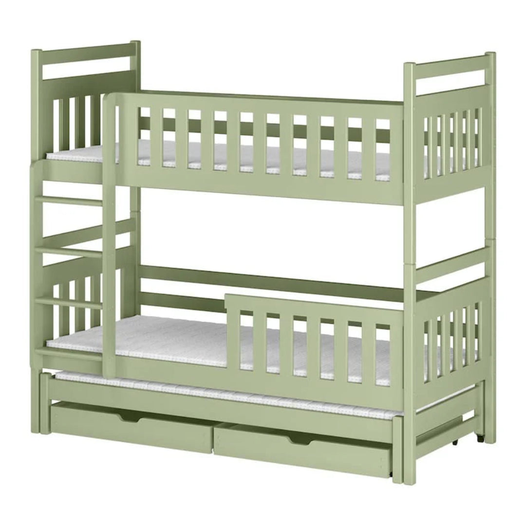 Green bunk bed with white mattress on a white background