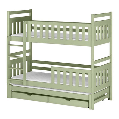 Green bunk bed with white mattress on a white background