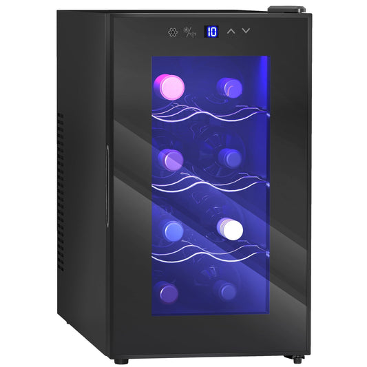 HOMCOM Mini Table Top Wine Fridge, 8 Bottle, 17L, 8-18 degrees C, 26.5cm Quiet Under Counter Wine Cooler Fridge with Glass Door, LED Light, Digital Touch Screen, Temperature Control