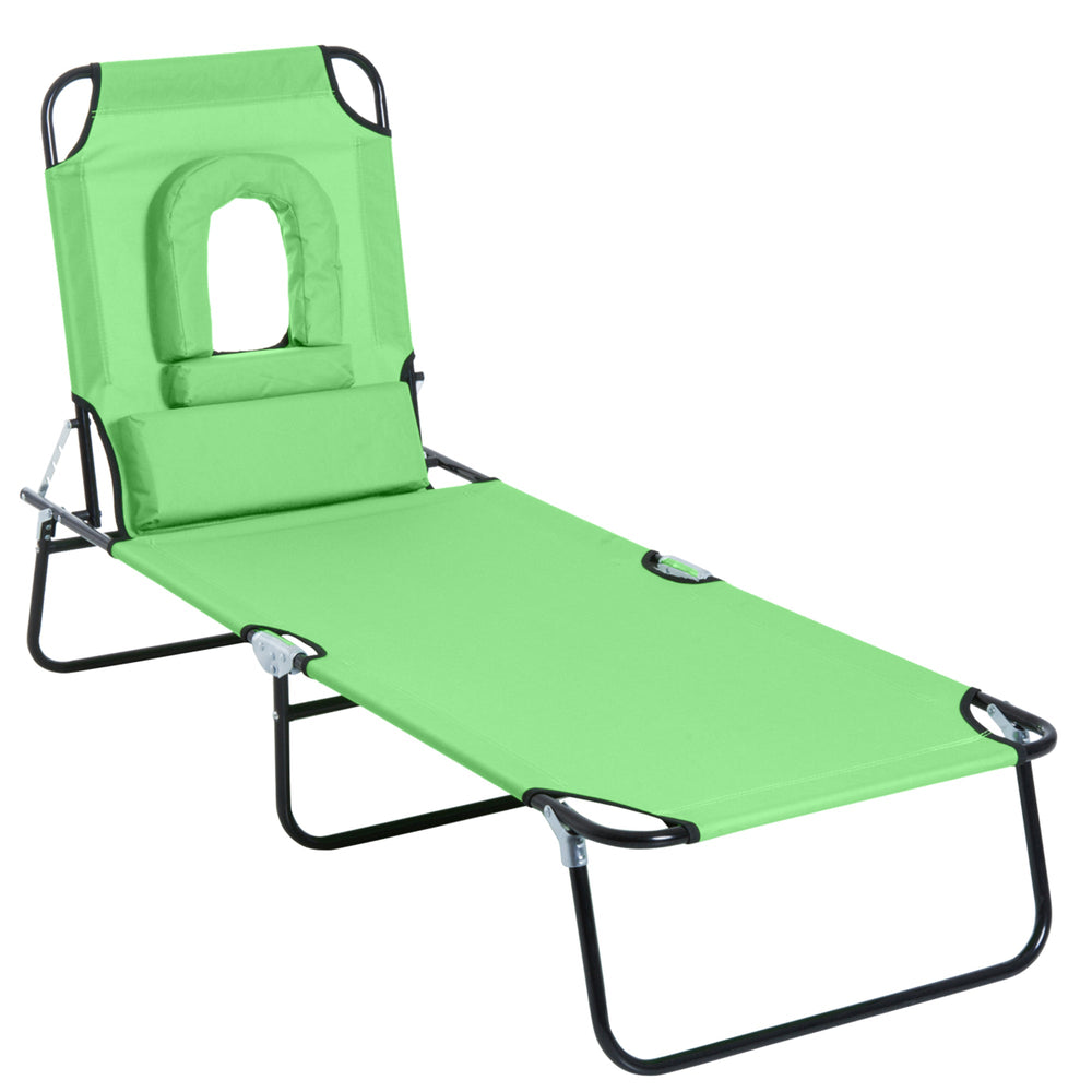 Outsunny Outdoor Folding Sun Lounger with Face Hole, 4 Level Adjustable Backrest Reclining Garden Lounger, Garden Recliner Sunbed with 600 D Oxford Cloth Seat and Pillow for Beach, Green