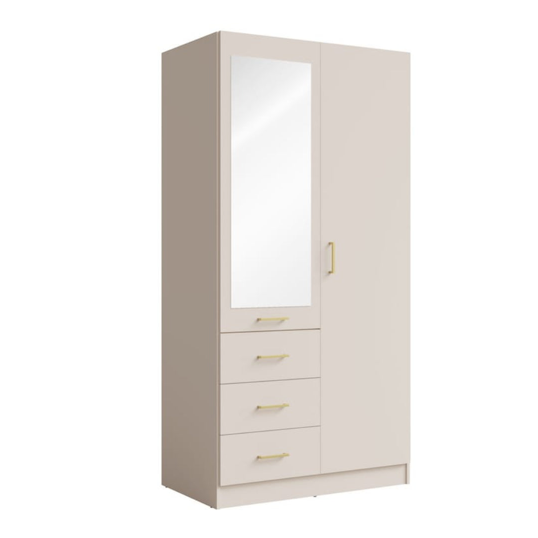 Beige wardrobe with mirror and drawers on a white background