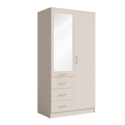 Beige wardrobe with mirror and drawers on a white background