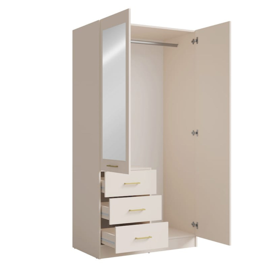Beige wardrobe with open door and mirror on a white background