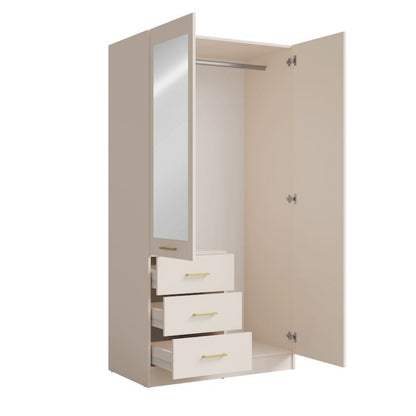 Beige wardrobe with open door and mirror on a white background