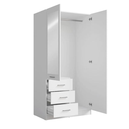 White wardrobe with open door and drawers on a white background