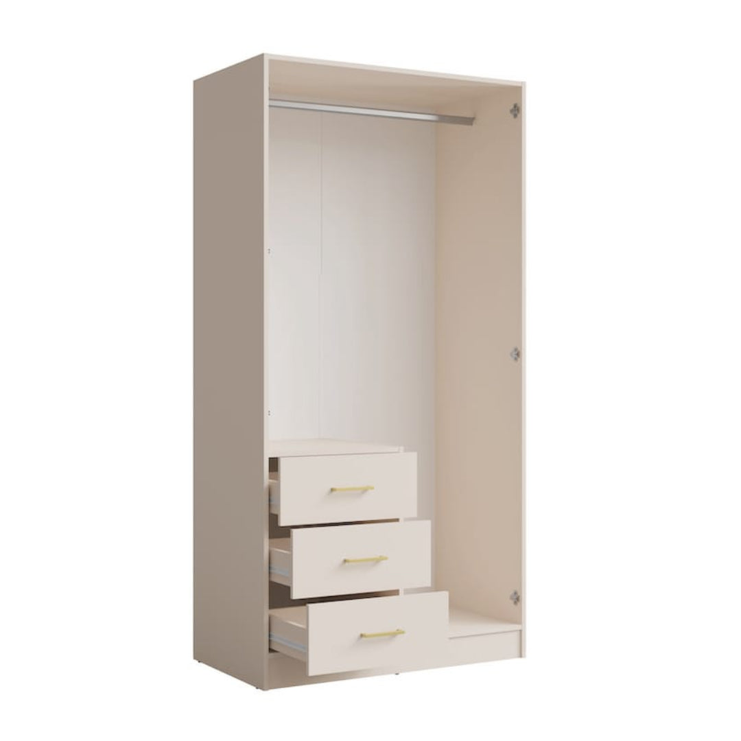 Beige wardrobe with drawers and a hanging rod on a white background
