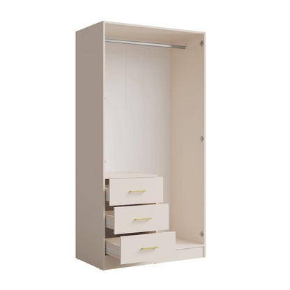 Beige wardrobe with drawers and a hanging rod on a white background