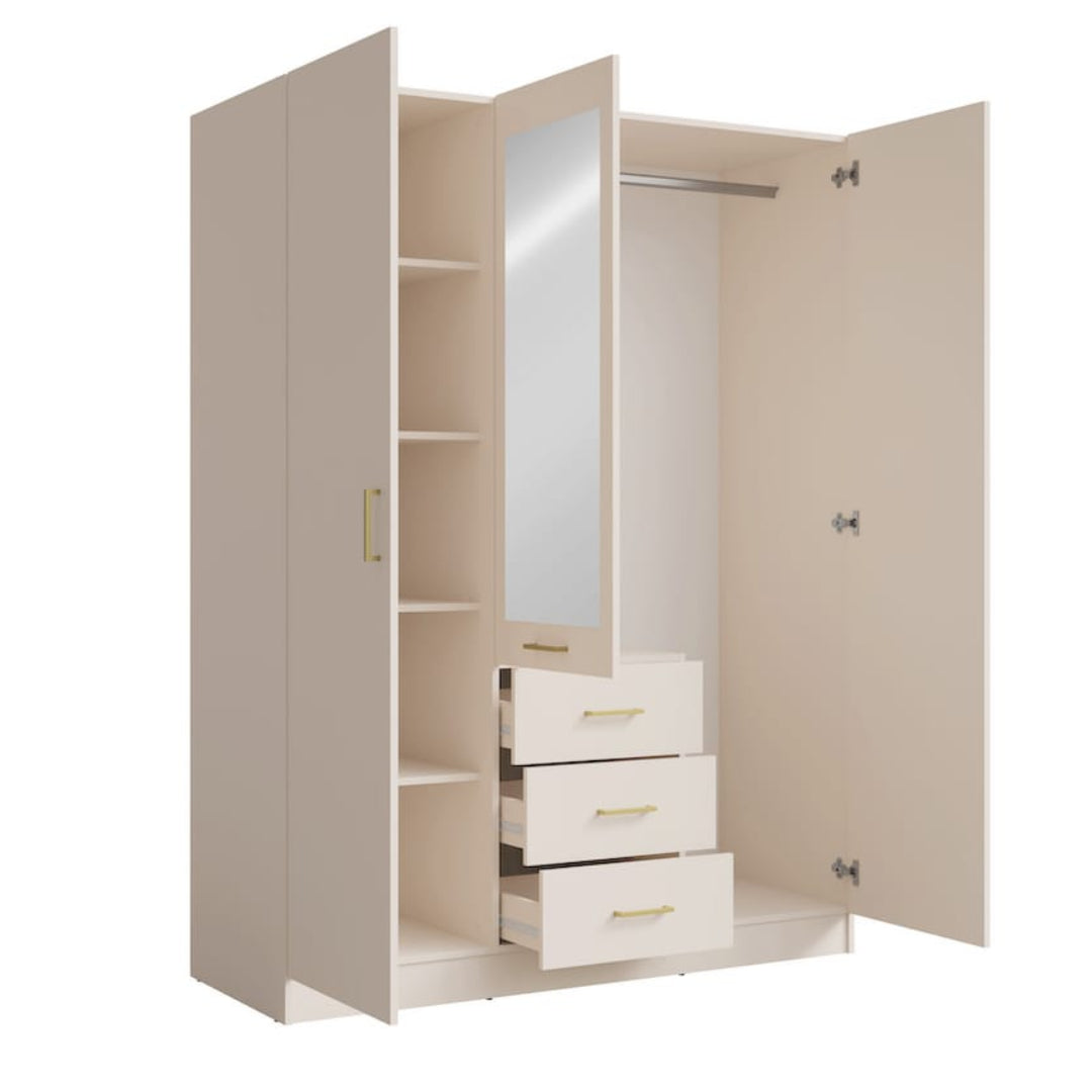 Beige wardrobe with open doors on a white background
