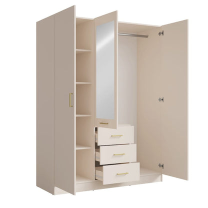 Beige wardrobe with open doors on a white background