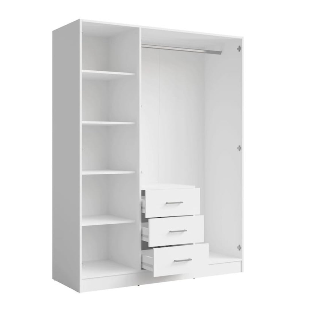 White wardrobe with open doors on a white background