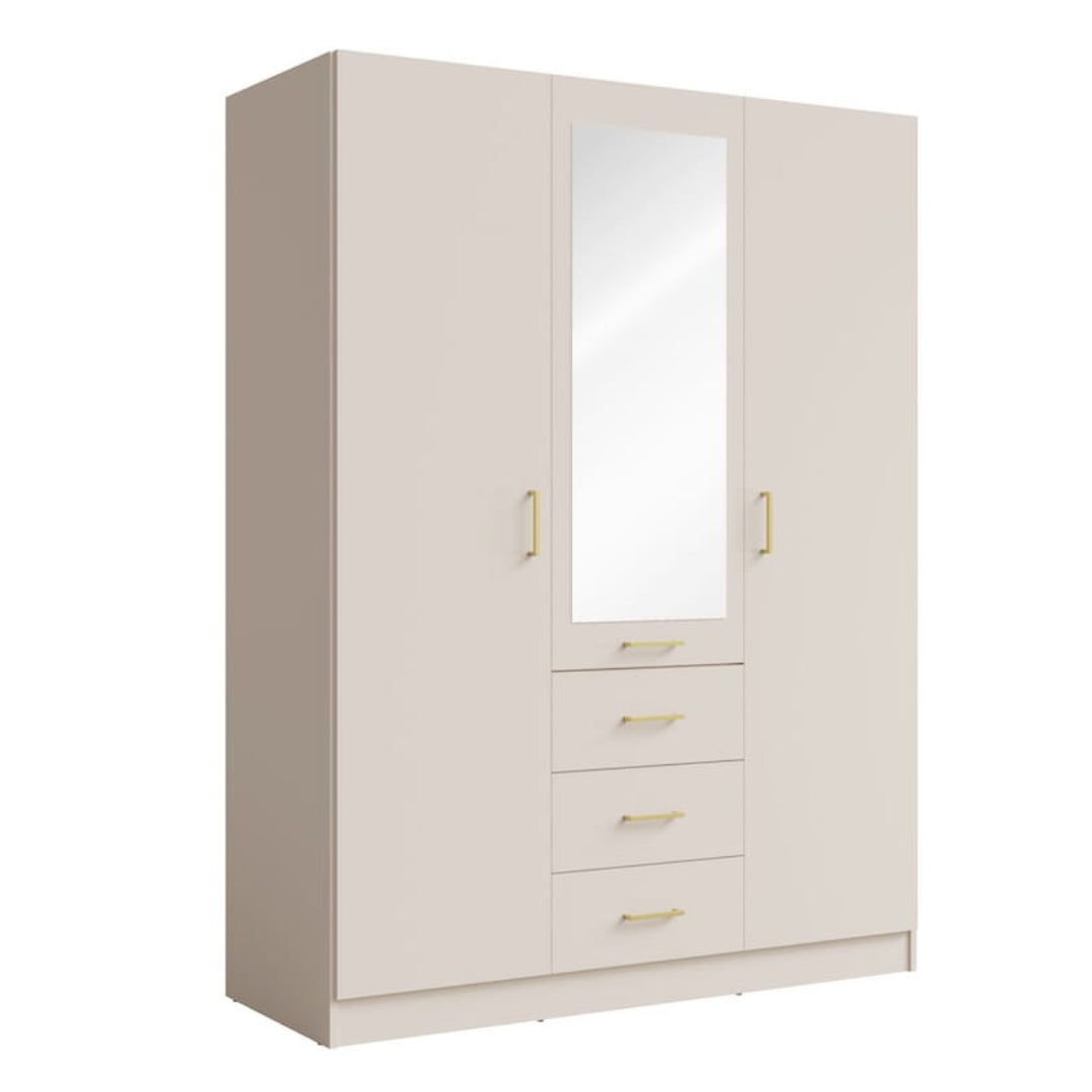 Beige wardrobe with a mirror and gold handles on a white background