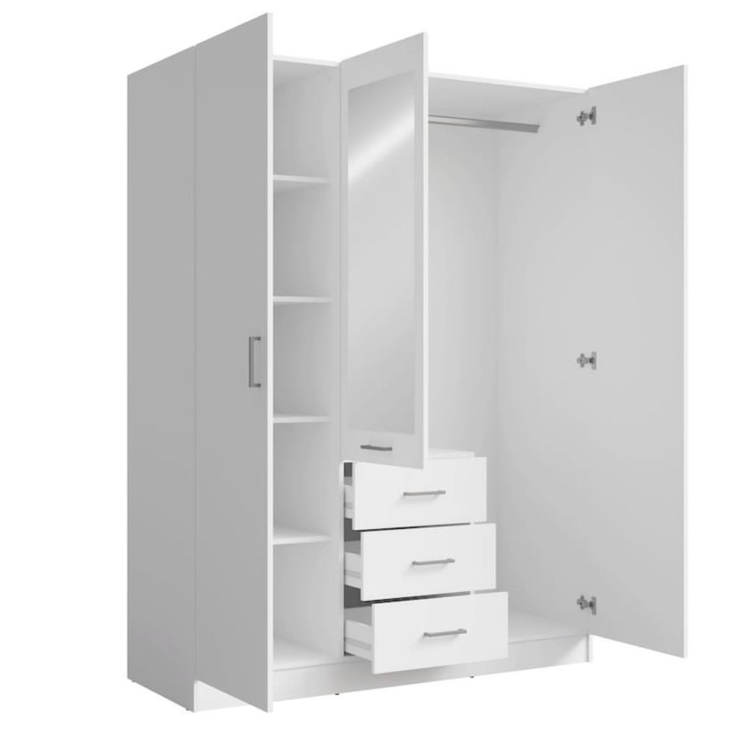 White wardrobe with open doors on a white background