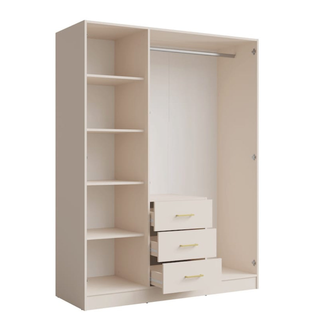 Beige wardrobe with shelves and drawers on a white background
