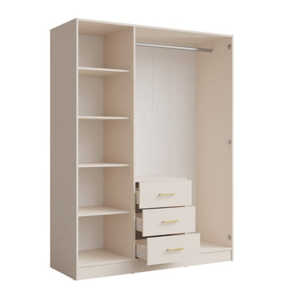 Beige wardrobe with shelves and drawers on a white background