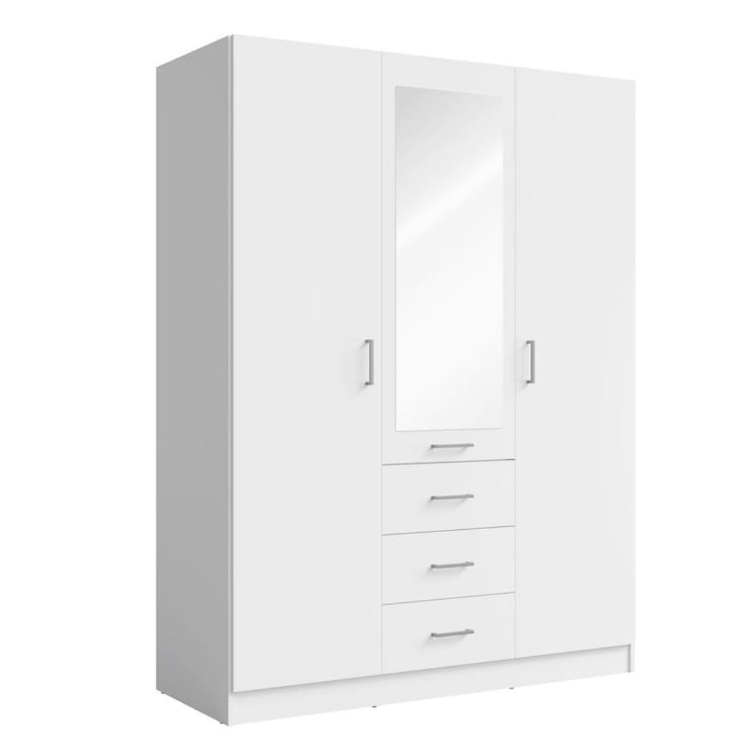 White wardrobe with mirror and drawers on a white background