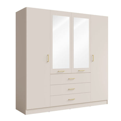 Beige wardrobe with glass panels and gold handles on a white background