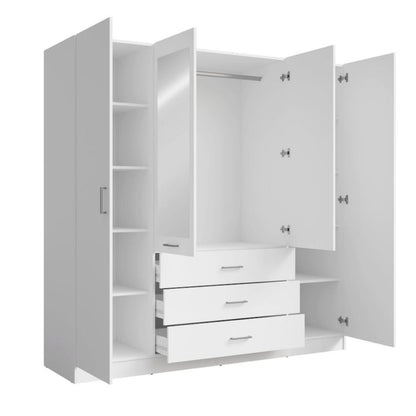 White wardrobe with open doors and drawers on a white background