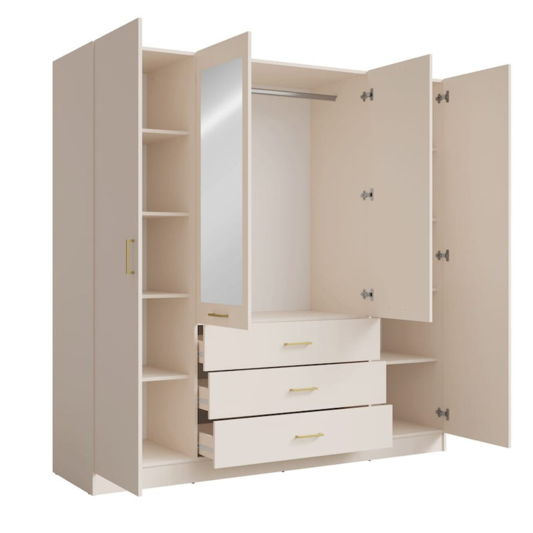 Beige wardrobe with open doors on a white background