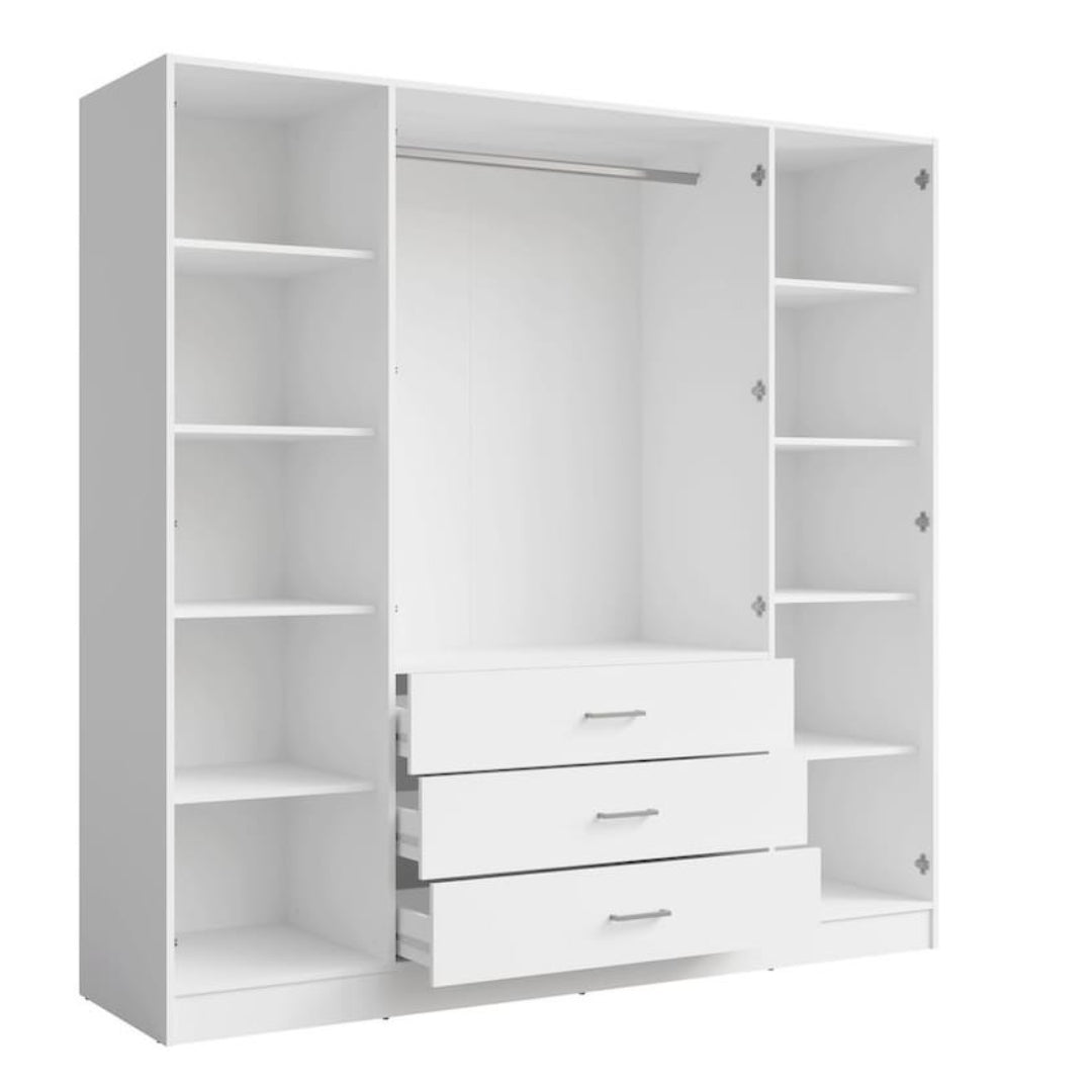 White wardrobe with shelves and drawers on a white background