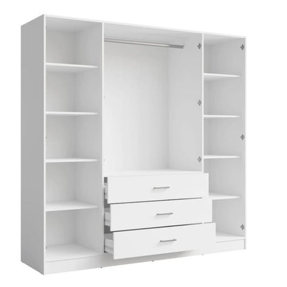 White wardrobe with shelves and drawers on a white background