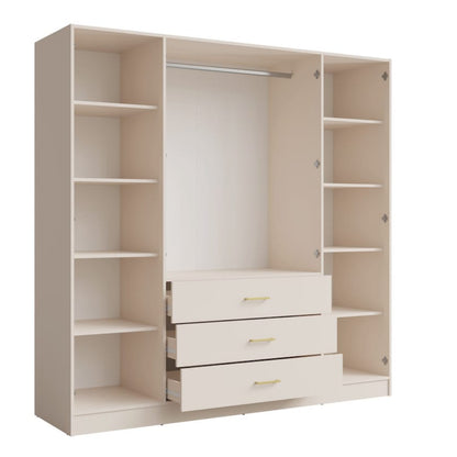 Beige wardrobe with shelves and drawers on a white background